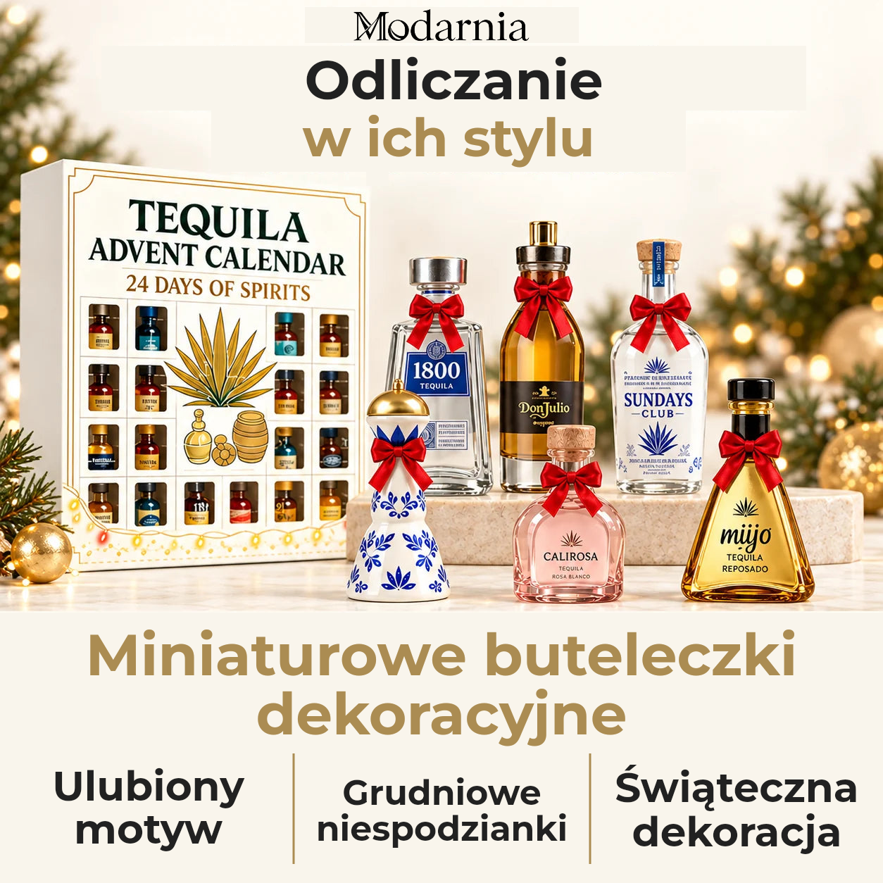 Kalendarz adwentowy z ozdobnymi miniaturami butelek – tequila, kość słoniowa – dekoracyjne miniatury butelek, osobisty motyw, grudniowe niespodzianki i świąteczna aranżacja.