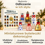 Kalendarz adwentowy z ozdobnymi miniaturami butelek – tequila, kość słoniowa – dekoracyjne miniatury butelek, osobisty motyw, grudniowe niespodzianki i świąteczna aranżacja.