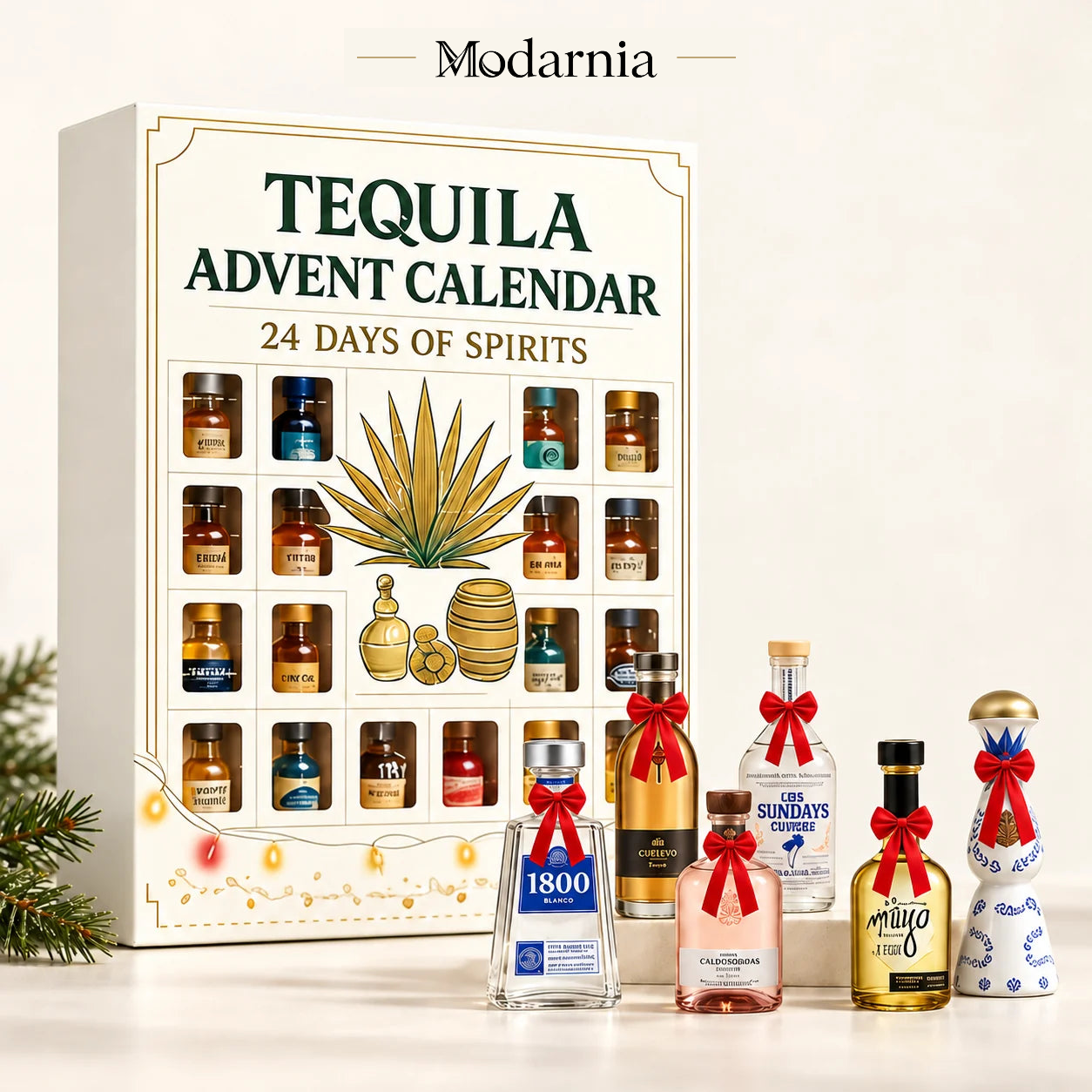 Kalendarz adwentowy z ozdobnymi miniaturami butelek – tequila, kość słoniowa – opakowanie kalendarza z trójwymiarowymi, dekoracyjnymi miniaturami butelek.