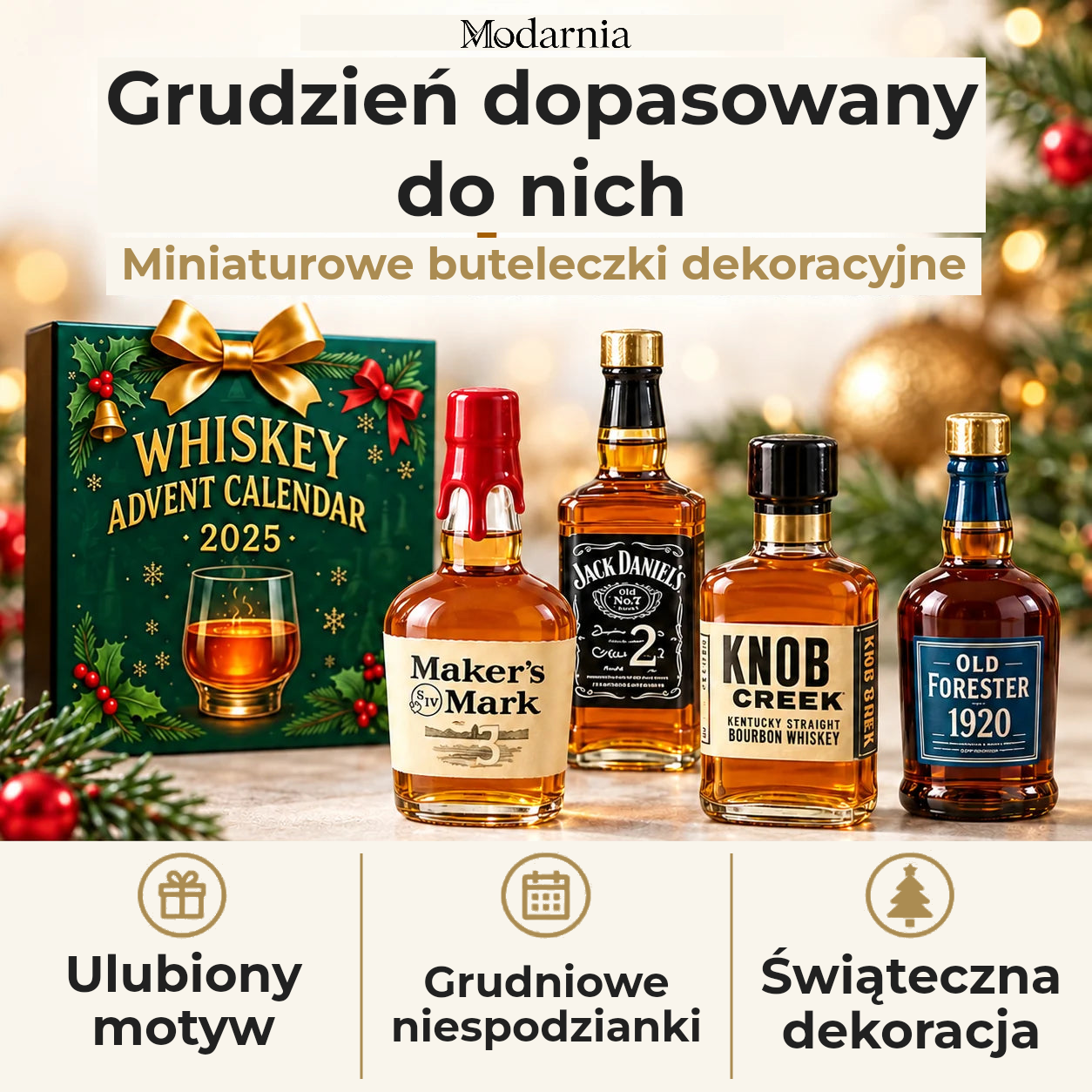 Kalendarz adwentowy z ozdobnymi miniaturami butelek – świąteczna whisky – dekoracyjne miniatury butelek, osobisty motyw, grudniowe niespodzianki i świąteczna aranżacja.