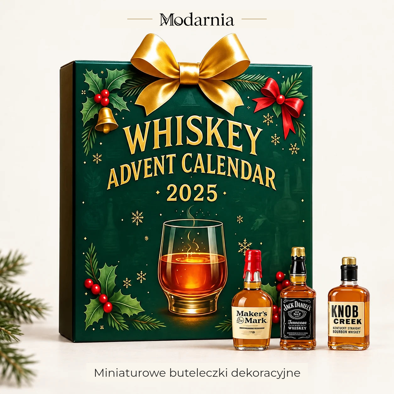Kalendarz adwentowy z ozdobnymi miniaturami butelek – świąteczna whisky – opakowanie kalendarza z trójwymiarowymi, dekoracyjnymi miniaturami butelek.