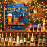 Kalendarz adwentowy z ozdobnymi miniaturami butelek – piwo, whisky i wino – widok produktu.