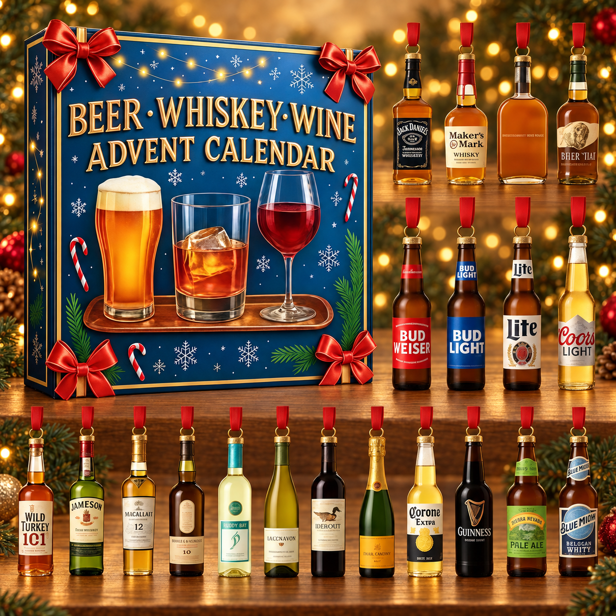 Kalendarz adwentowy z ozdobnymi miniaturami butelek – piwo, whisky i wino – widok produktu.