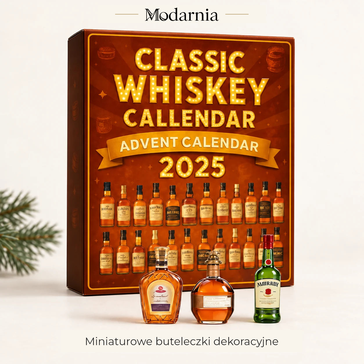 Kalendarz adwentowy z ozdobnymi miniaturami butelek – Classic Whiskey – opakowanie kalendarza z trójwymiarowymi, dekoracyjnymi miniaturami butelek.
