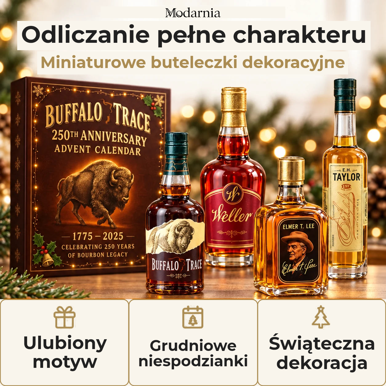 Kalendarz adwentowy z ozdobnymi miniaturami butelek – wzór Buffalo Trace – dekoracyjne miniatury butelek, osobisty motyw, grudniowe niespodzianki i świąteczna aranżacja.
