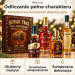 Kalendarz adwentowy z ozdobnymi miniaturami butelek – wzór Buffalo Trace – dekoracyjne miniatury butelek, osobisty motyw, grudniowe niespodzianki i świąteczna aranżacja.