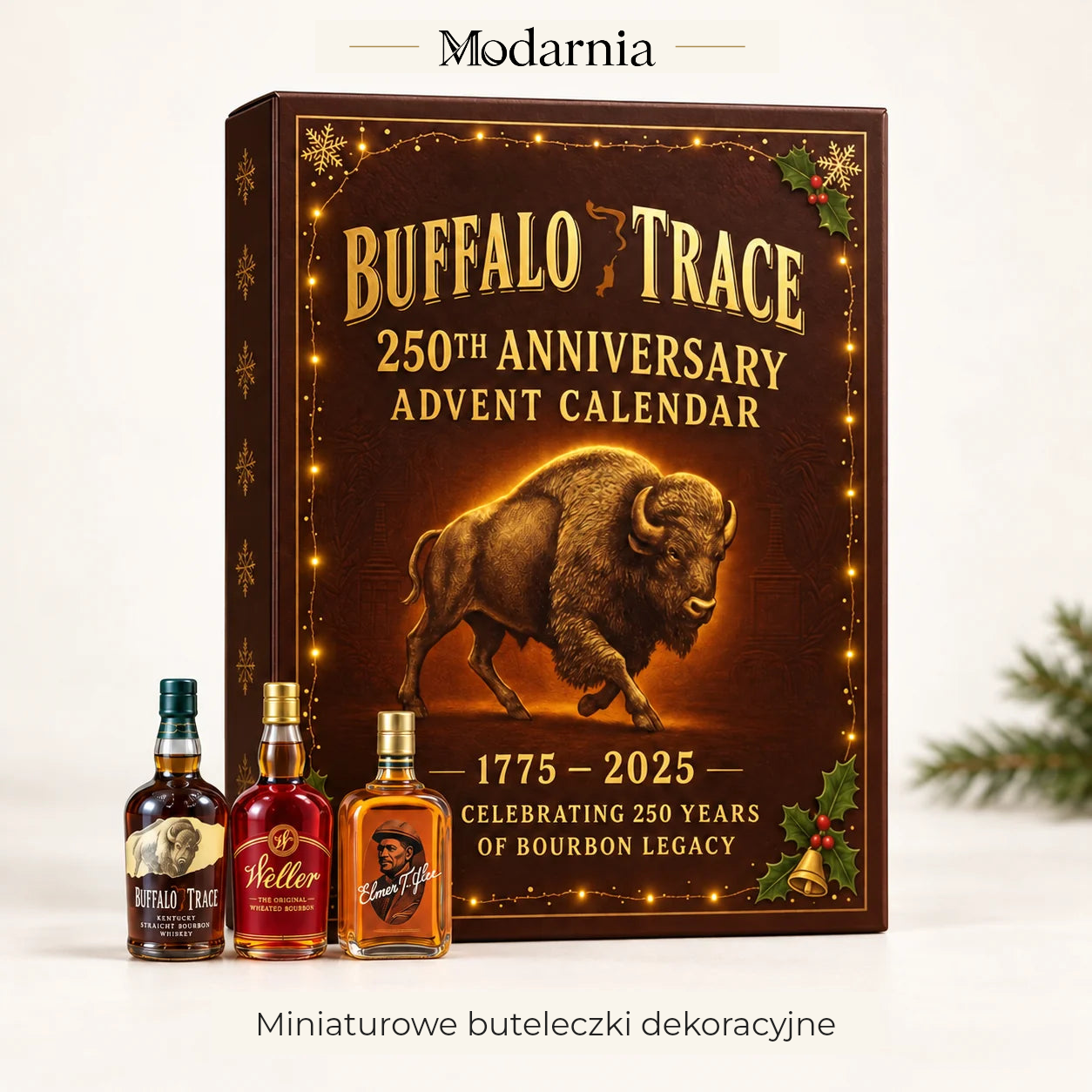 Kalendarz adwentowy z ozdobnymi miniaturami butelek – wzór Buffalo Trace – opakowanie kalendarza z trójwymiarowymi, dekoracyjnymi miniaturami butelek.