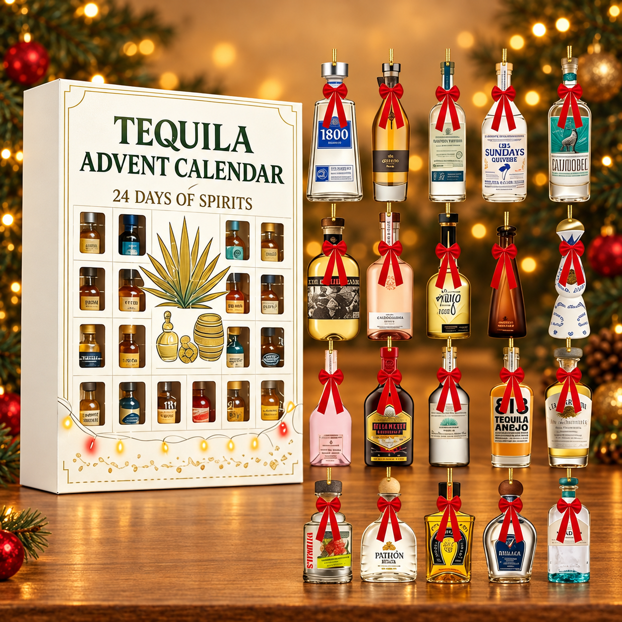 Kalendarz adwentowy z ozdobnymi miniaturami butelek – tequila, kość słoniowa – widok produktu.