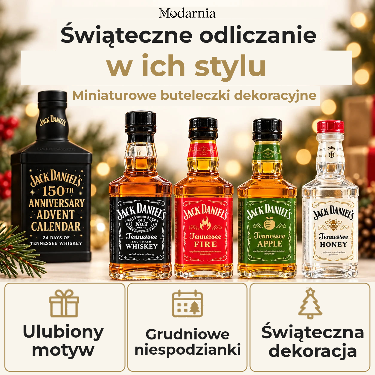 Kalendarz adwentowy z ozdobnymi miniaturami butelek – wzór Jack Daniel’s – dekoracyjne miniatury butelek, osobisty motyw, grudniowe niespodzianki i świąteczna aranżacja.